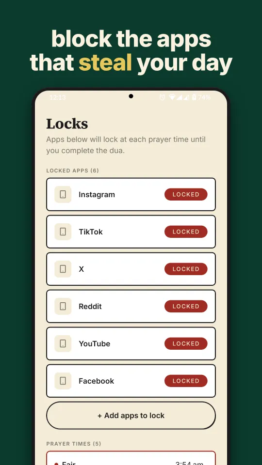 Choose which apps Deen Gate locks at prayer time