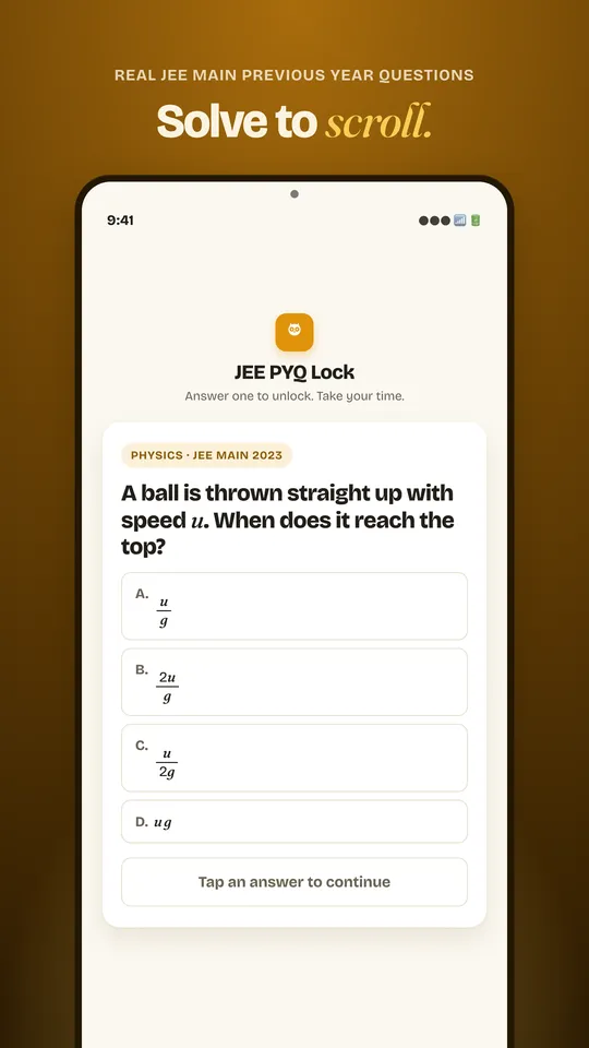 The JEE PYQ Lock gate showing a Physics MCQ guarding a locked app
