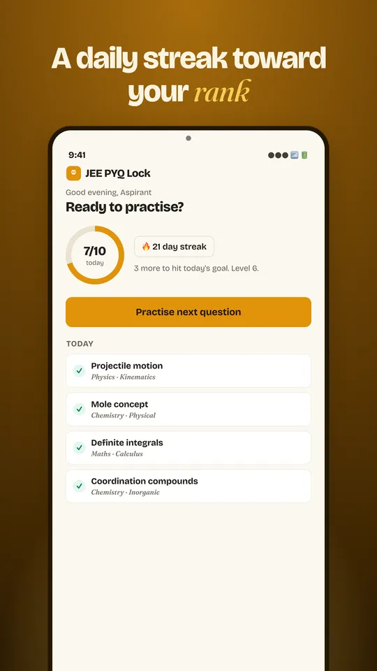 The JEE PYQ Lock home screen with a daily streak, level and recent practice