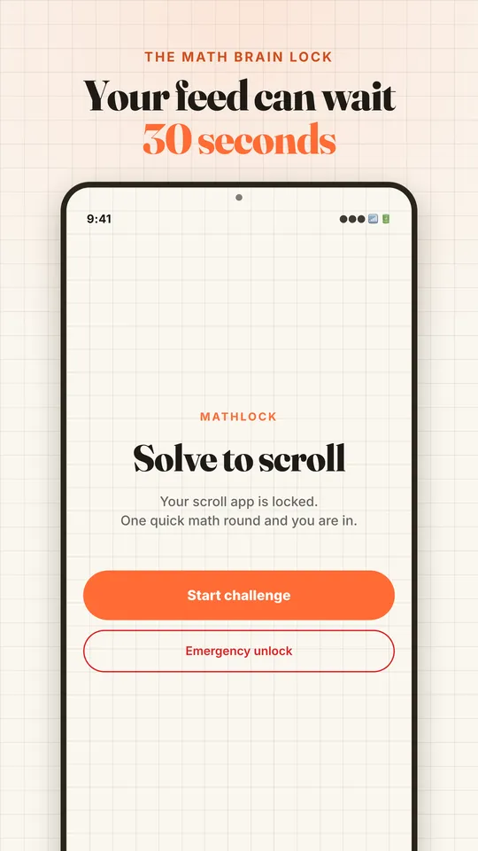 The MathLock math gate guarding a locked app with a start challenge button