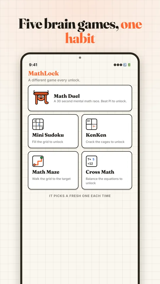 The MathLock game picker showing Math Duel, Mini Sudoku, KenKen, Math Maze and Cross Math