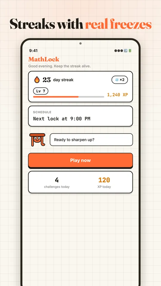 The MathLock home screen with a 23 day streak, level 7 and the next lock time