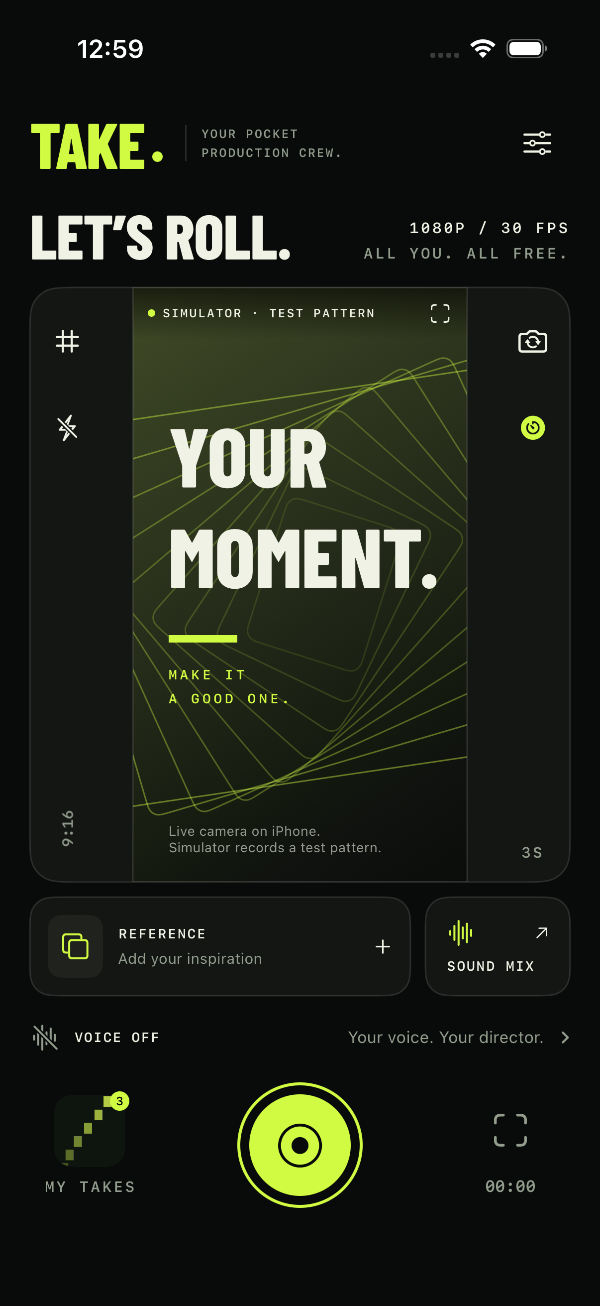 TAKE recording studio with a lime record button, reference video controls, sound mix and voice controls. The camera area shows a simulator test pattern.